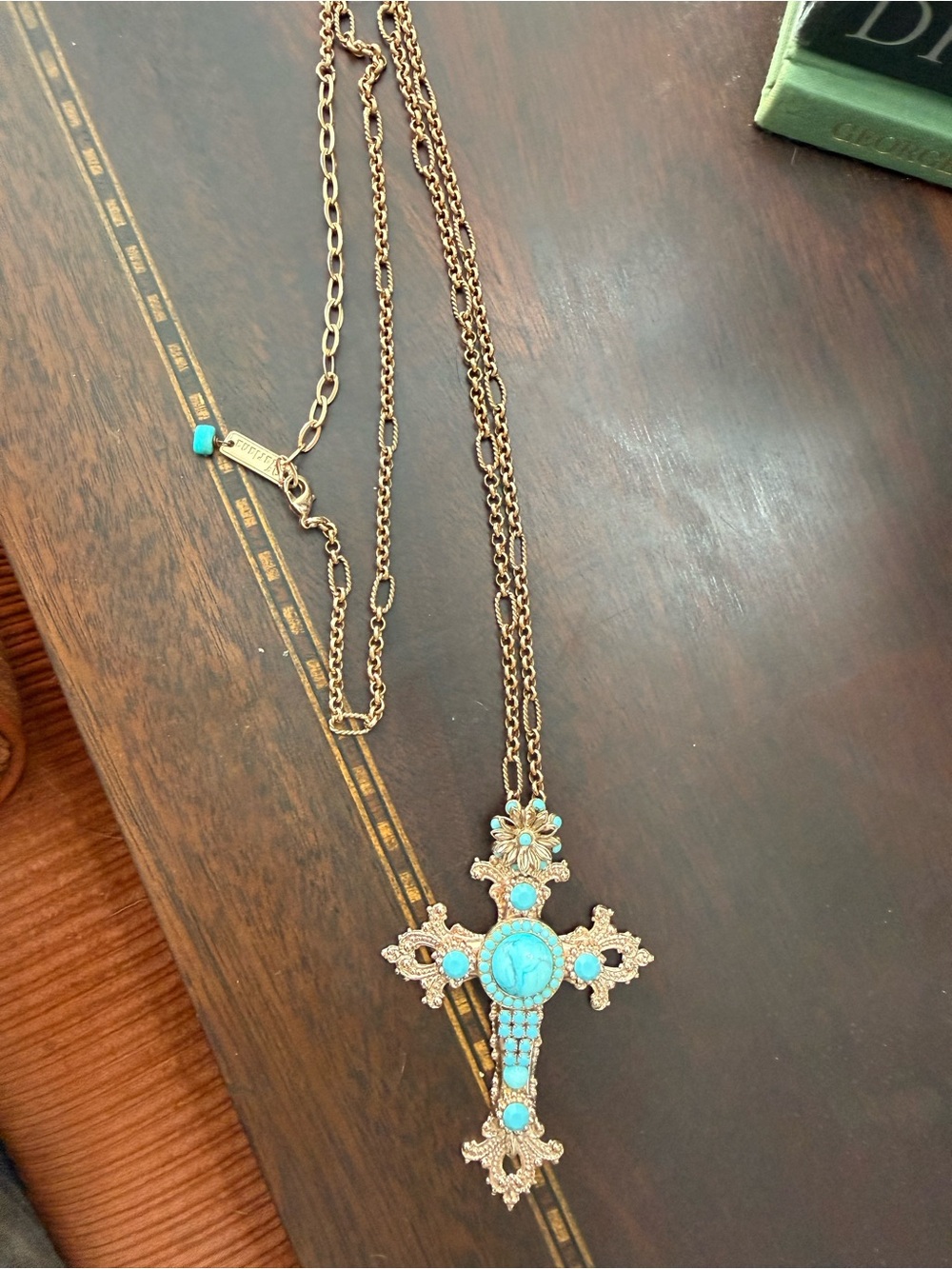 Mariana Jewelry Turquoise and Rose Gold Cross Necklace with long chain